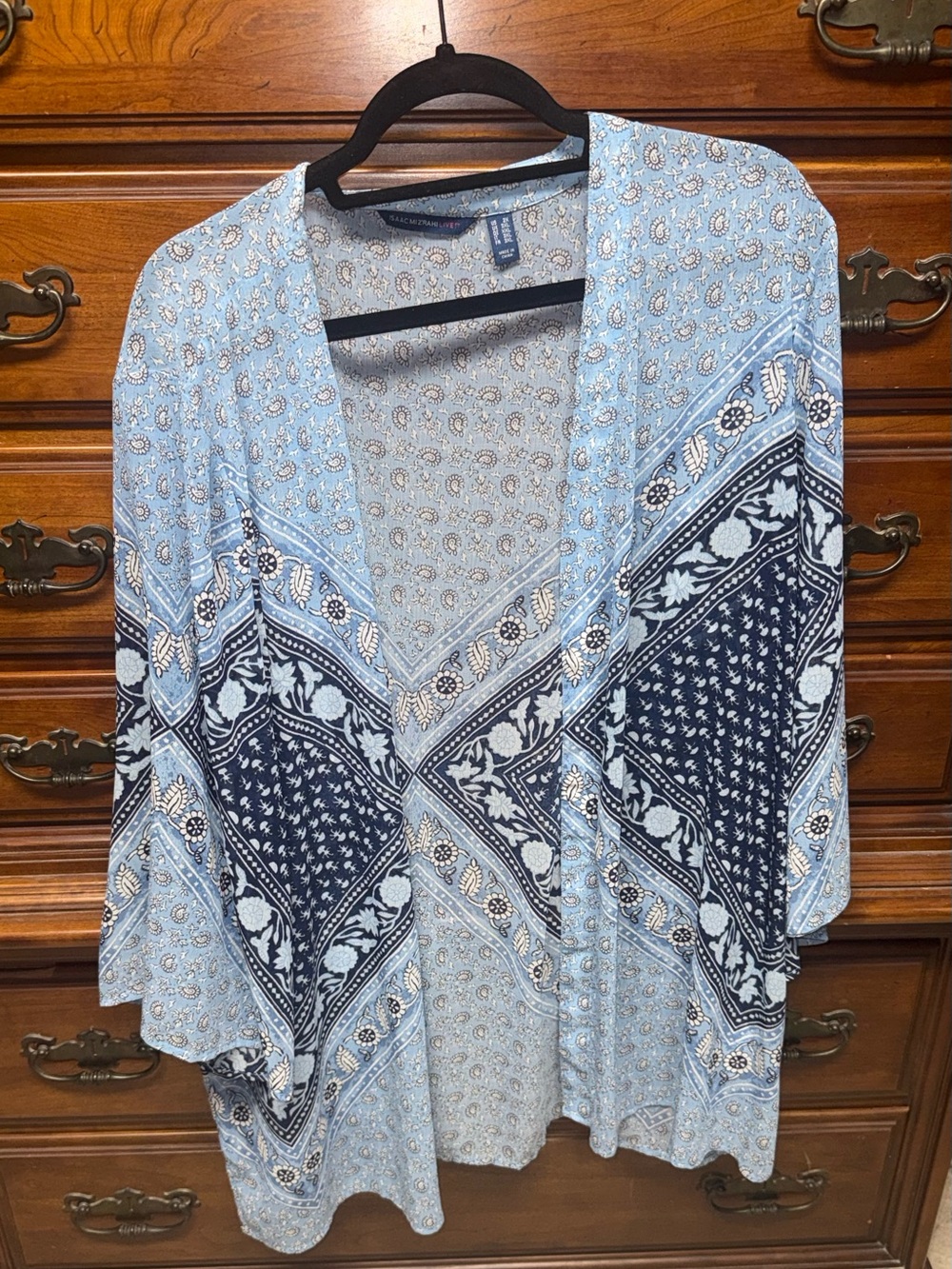 Isaac Mizrahi Light Blue and Navy Paisley Open-Front Tunic Kimono